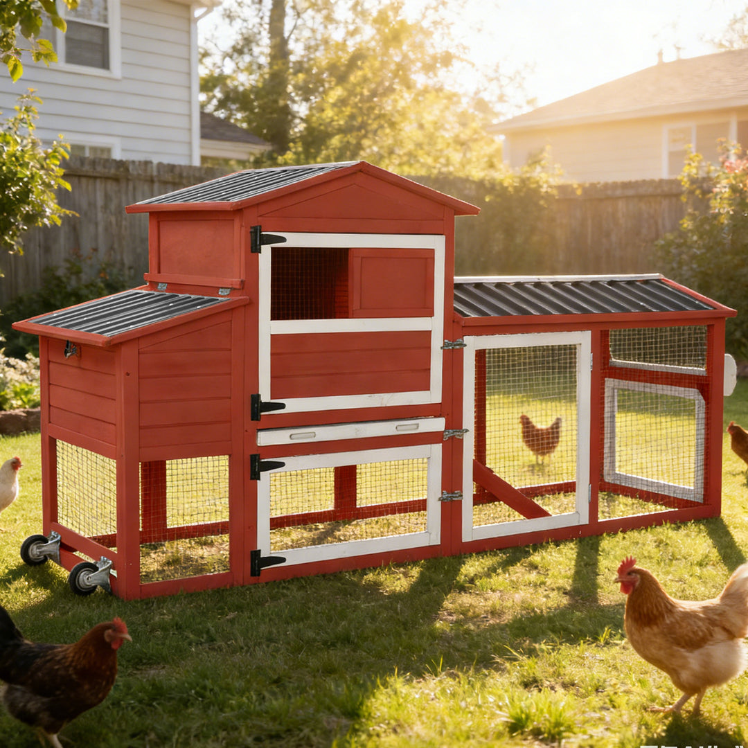 Suumerpety Large Chicken Coop on Wheels, Wooden Hen House with Nest Box and Weatherproof Roof