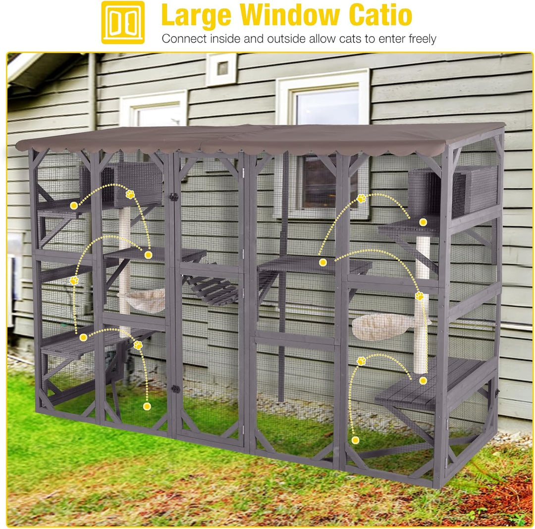 MEDEHOO Catio Outdoor Cat Enclosure Window Large Cat Patio 3 Tiers with 6 Platforms and 2 Scratching Posts for Cats House 104" L