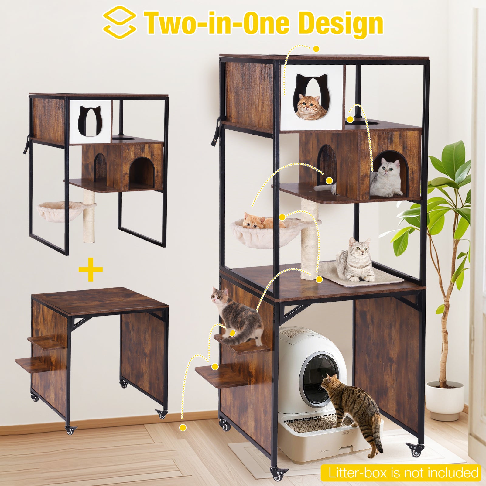 Wooden Cat Litter Box Enclosure with Hammock, Scratching Post