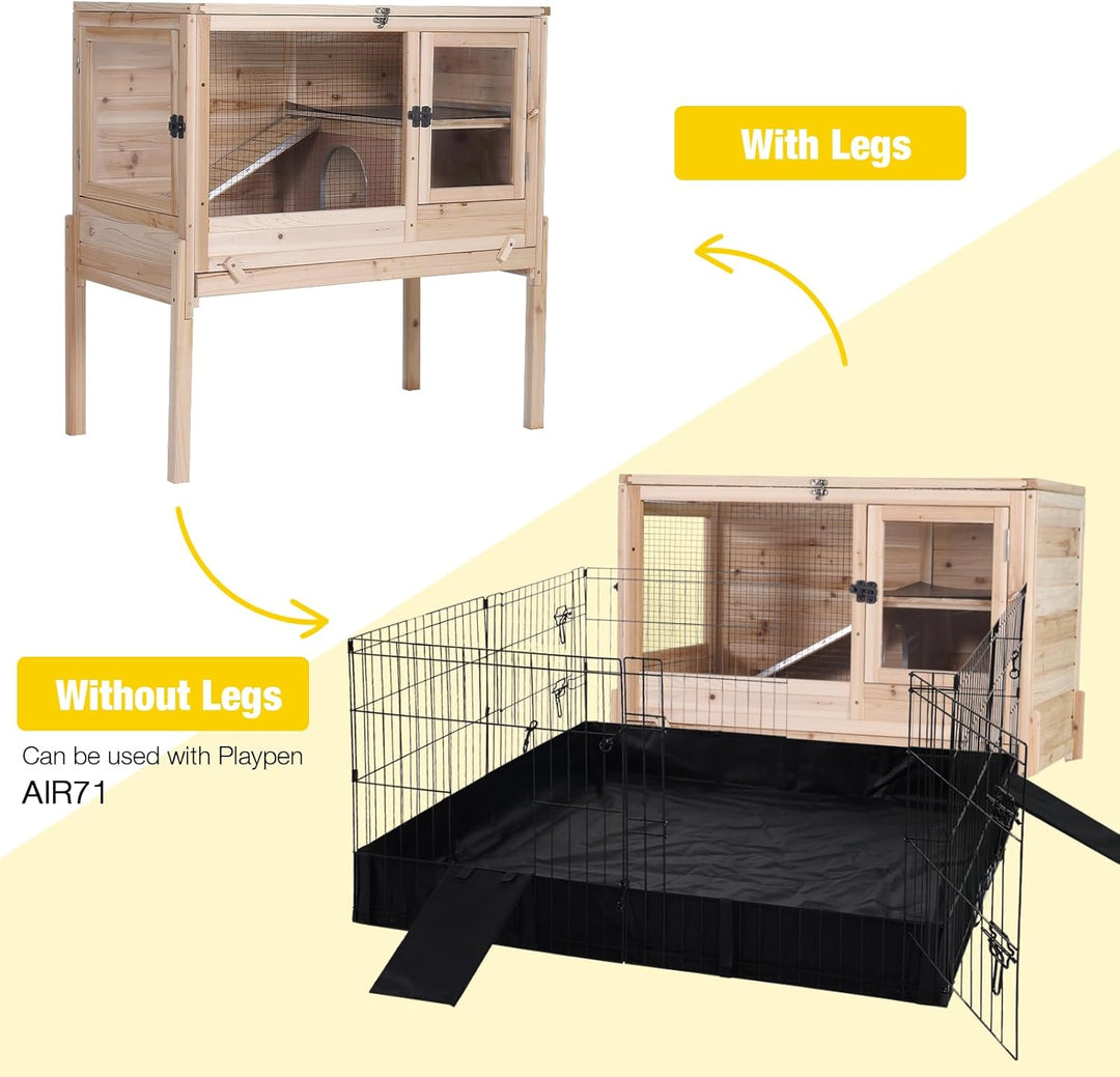 Morgete AIR53-OC Wooden Guinea Pig Cages Indoor with Removable Stand, Anti Chewing Rabbit Hutch with Ramp and Wire Mesh, 2 Story Small Animals House Habitat with Pull Out Tray, Natural