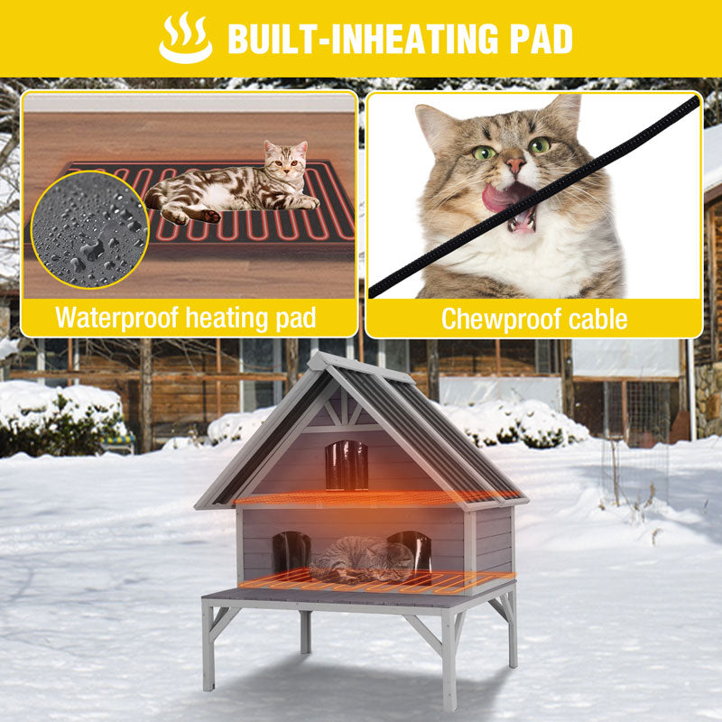 Luxury Heated Wooden Cat House – Insulated, Elevated 2-Level