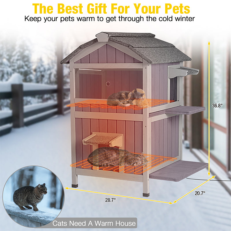 2-Story Heated Wooden Cat House with Adjustable Temperature