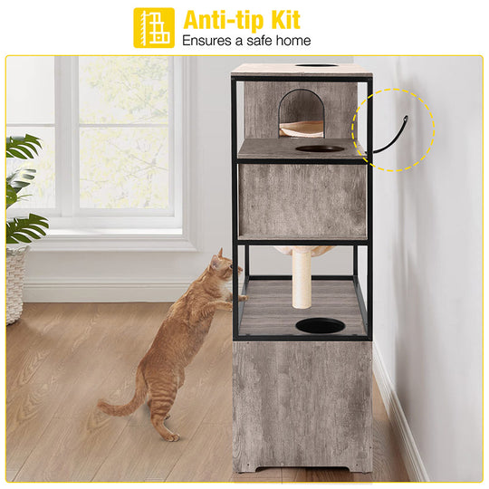 Aivituvin-AIR102 Wooden 3-Story Cat Condo with Litter Box Enclosure| Strong Iron Frame