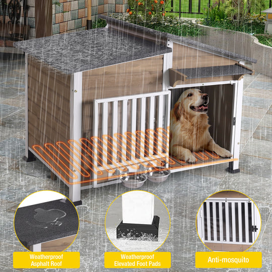 MEDEHOO AIR7021-HP Heated Dog House with Heating Pad & Anti-Chewing Metal Frame, Insulated Wooden Dog Kennel with Unique Design Roof, Weatherproof Dog House for Indoor & Outdoor Use