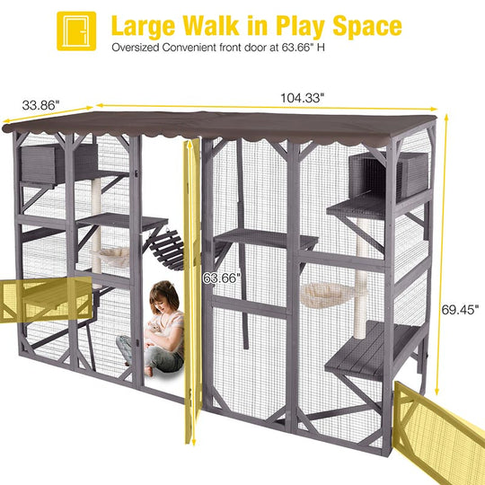 Aivituvin-AIR7017 104.33"L Large Wooden Outdoor Cat Enclosure | Open-Back Design| Window Connection