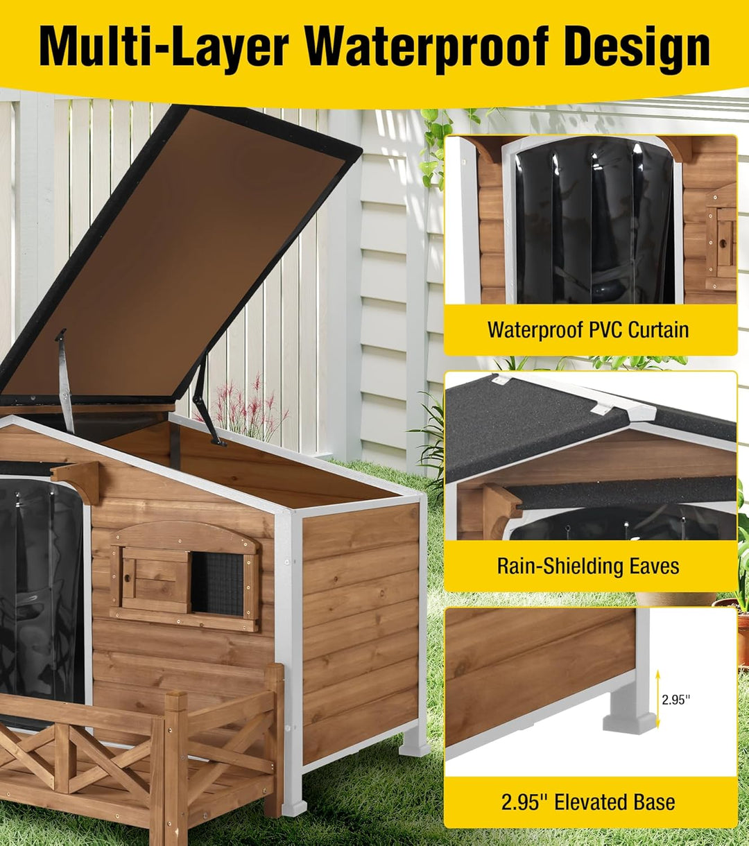 MEDEHOO AIR7024 Dog House Outdoor with Anti-Chewing Metal Frame, Wooden Dog Kennel with Sliding Window, Detachable Floor, Weatherproof Roof