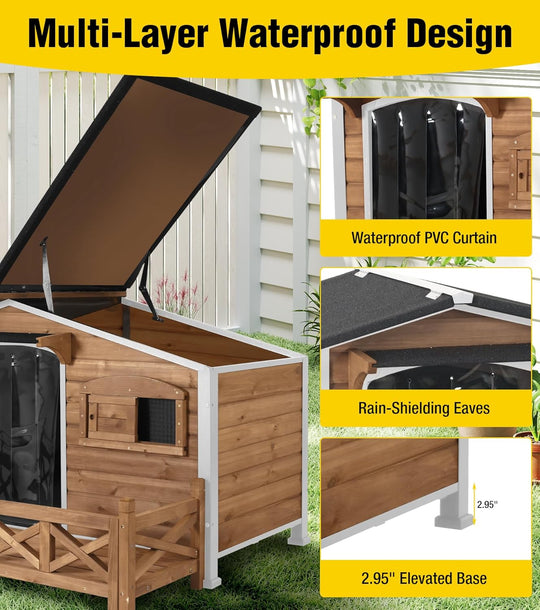 MEDEHOO AIR7024 Dog House Outdoor with Anti-Chewing Metal Frame, Wooden Dog Kennel with Sliding Window, Detachable Floor, Weatherproof Roof