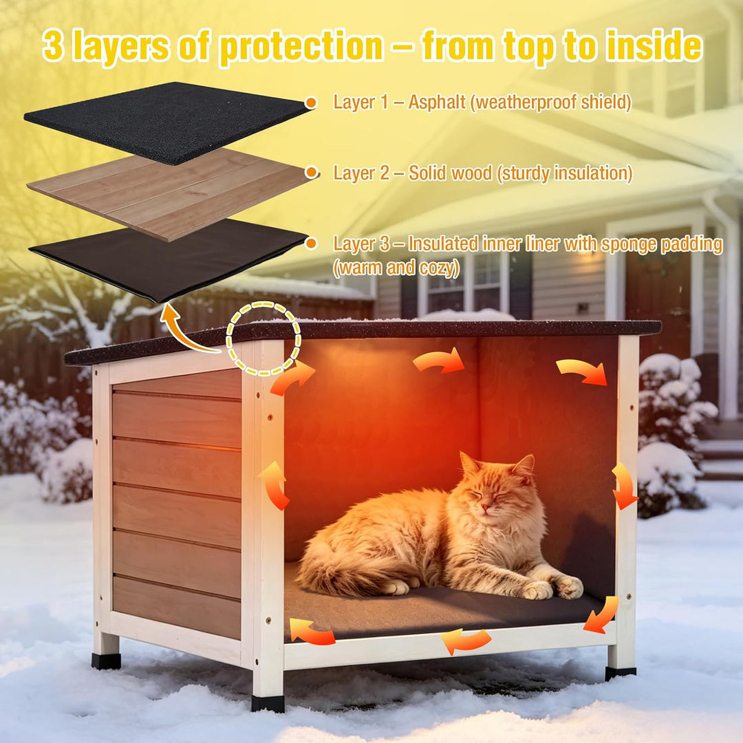 MEDEHOO Insulated Outdoor Cat House for Winter Feral Cat, Weatherproof Wood Shelter for Cats Bunnies Other Small Animals
