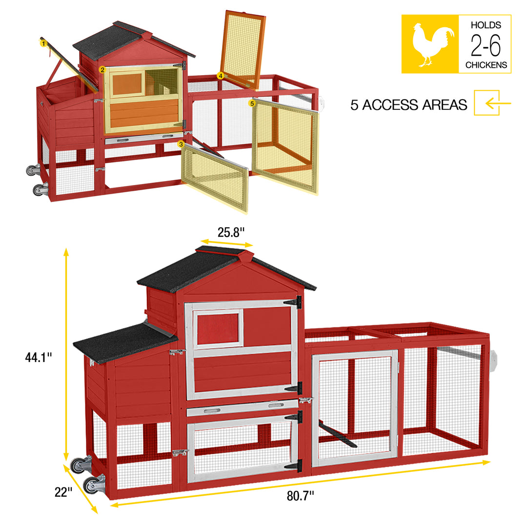 MORGETE Mobile Chicken Coop with Wheels, Wood Hen House for 2-3 Chickens Outdoor with Nesting Box Leakproof Pull-Out Tray and UV-Resistant Roof Panel, Red