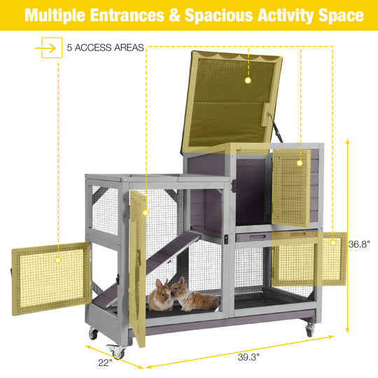MORGETE Rabbit Cage Indoor Outdoor Bunny Hutch on Wheels, 2 Story Wood Guinea Pig Cages with 2 Deeper Pull Out Trays