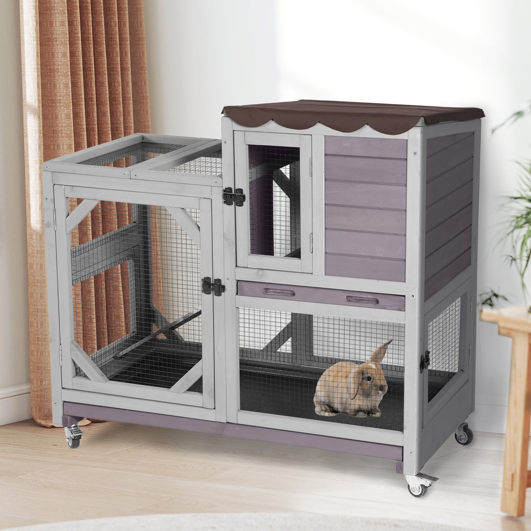 MORGETE Rabbit Cage Indoor Outdoor Bunny Hutch on Wheels, 2 Story Wood Guinea Pig Cages with 2 Deeper Pull Out Trays