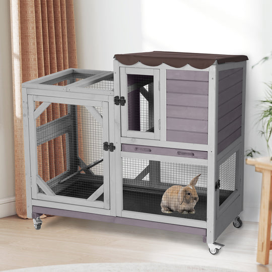 MORGETE Rabbit Cage Indoor Outdoor Bunny Hutch on Wheels, 2 Story Wood Guinea Pig Cages with 2 Deeper Pull Out Trays