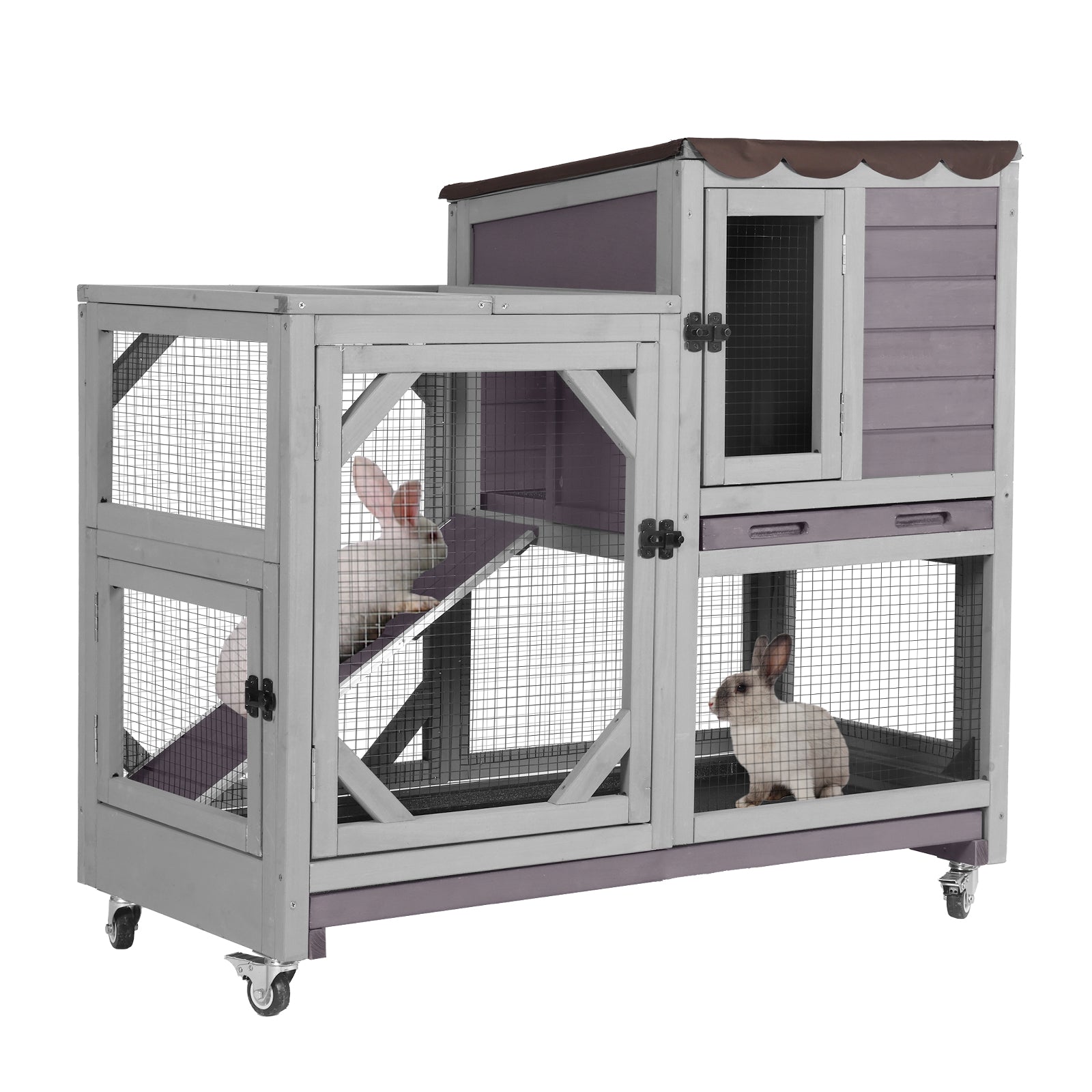 MEDEHOO Rabbit Cage Indoor Outdoor Bunny Hutch on Wheels, 2 Story