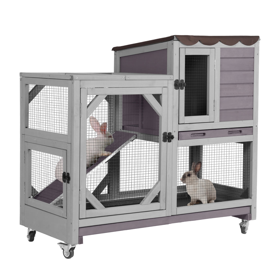 MORGETE Rabbit Cage Indoor Outdoor Bunny Hutch on Wheels, 2 Story Wood Guinea Pig Cages with 2 Deeper Pull Out Trays