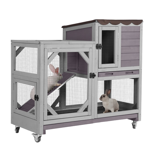 MORGETE Rabbit Cage Indoor Outdoor Bunny Hutch on Wheels, 2 Story Wood Guinea Pig Cages with 2 Deeper Pull Out Trays