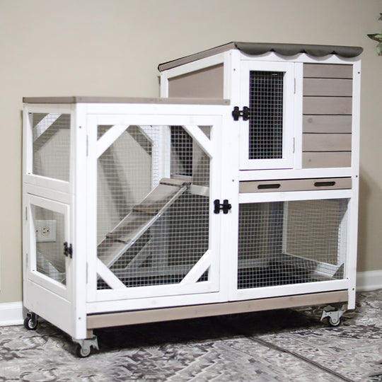 Aivituvin-AIR7013 Premium 2-Story Wooden Rabbit Hutch with Casters | Pull-Out Tray