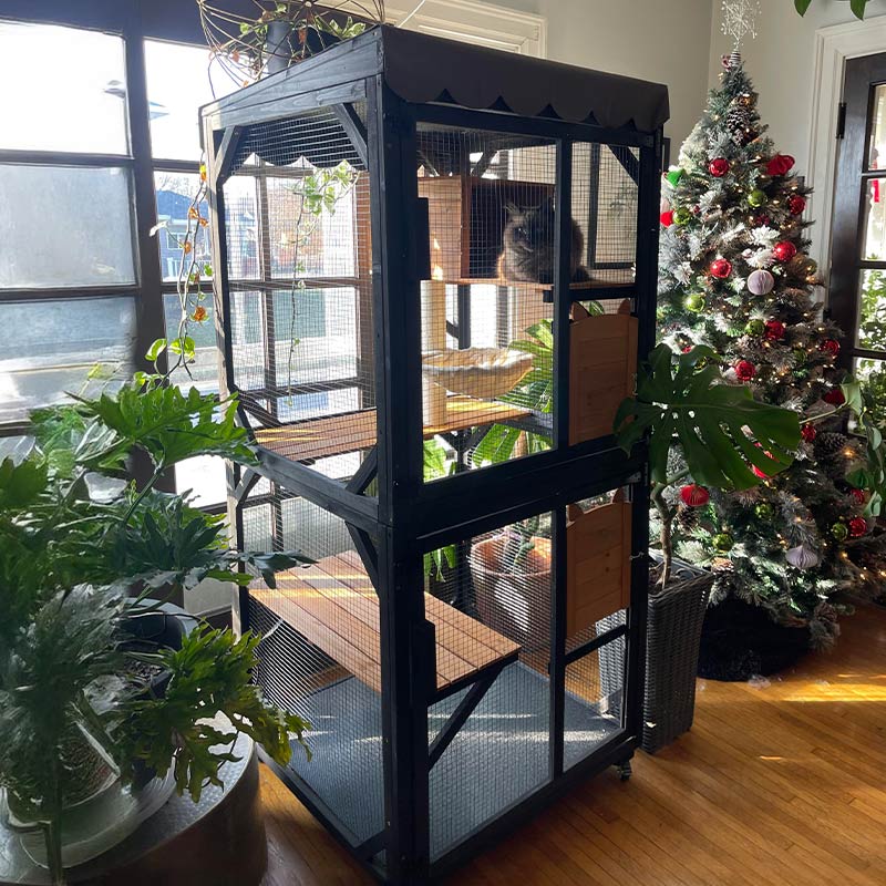 Aivituvin Wooden Cat Catio AIR7014, Outdoor Cat House with Wheels, Scratching Post