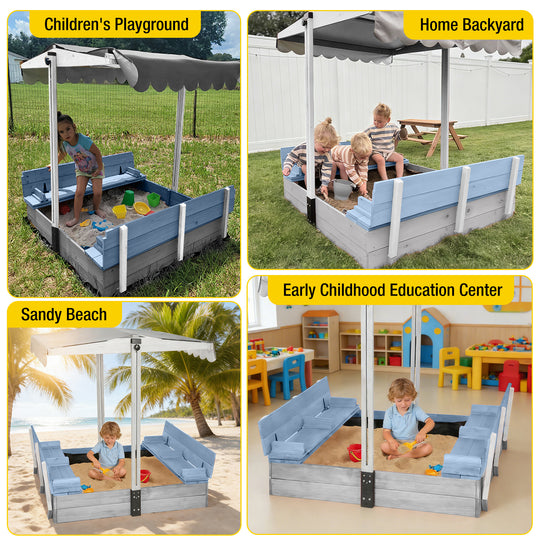 MEDEHOO 47'' Outdoor Sandbox for Kids with Lid and Bench, Wooden Sand Play Toys Center with Adjustable Canopy