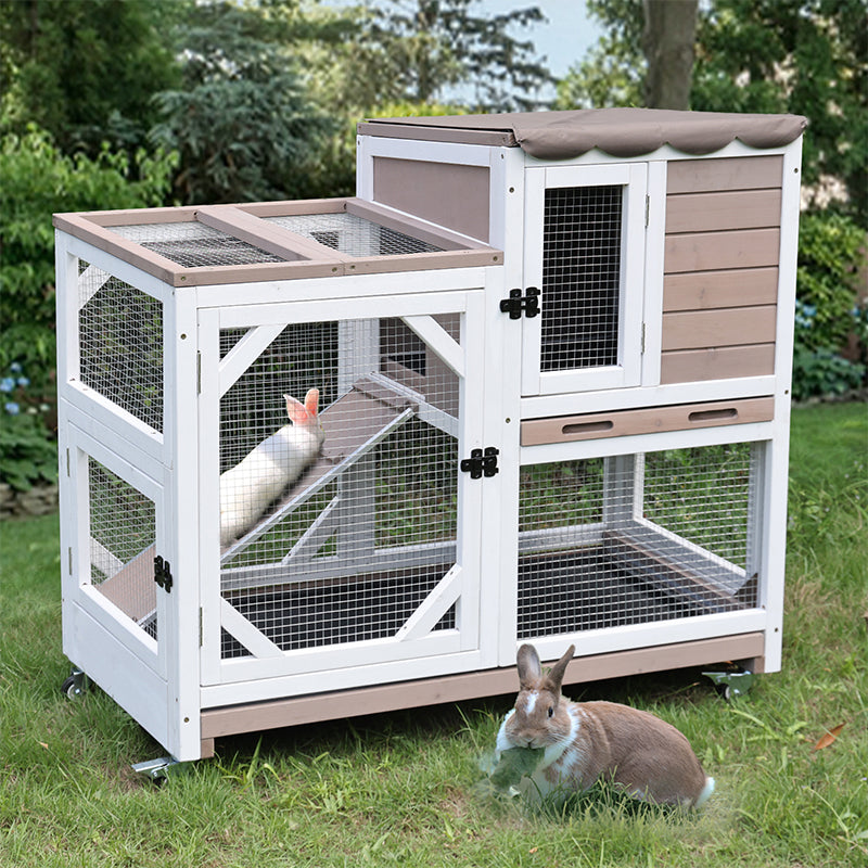 Aivituvin-AIR7013 Premium 2-Story Wooden Rabbit Hutch with Casters | Pull-Out Tray