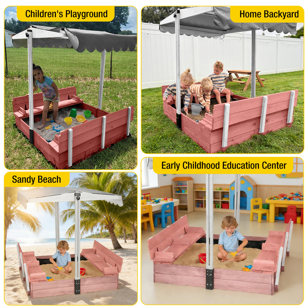 MEDEHOO 47'' Outdoor Sandbox for Kids with Lid and Bench, Wooden Sand Play Toys Center with Adjustable Canopy