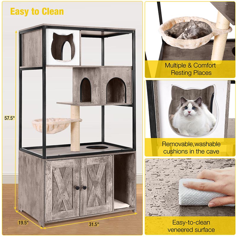 Aivituvin-AIR102 Wooden 3-Story Cat Condo with Litter Box Enclosure| Strong Iron Frame