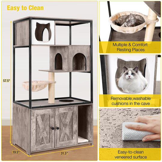 Morgete Cat Litter Box Enclosure Litter Box Furniture Hidden Indoor Cat House with Condo Hammock (Grey)