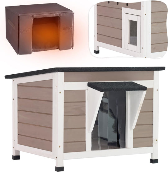 MEDEHOO Insulated Outdoor Cat House for Winter Feral Cat, Weatherproof Wood Shelter for Cats Bunnies Other Small Animals