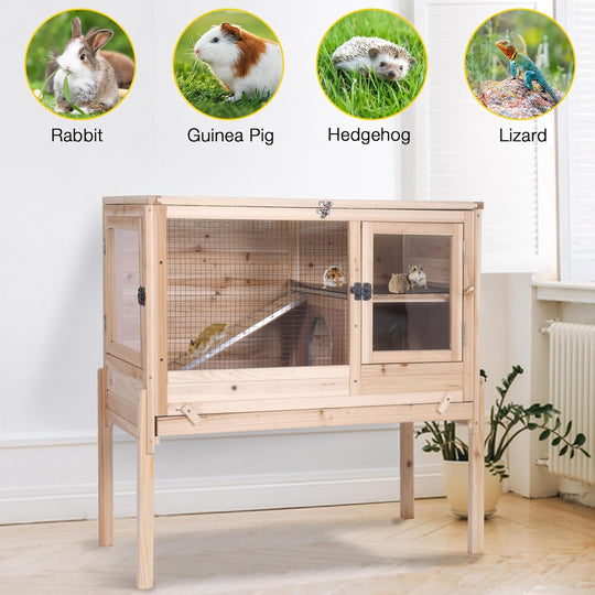 Morgete AIR53-OC Wooden Guinea Pig Cages Indoor with Removable Stand, Anti Chewing Rabbit Hutch with Ramp and Wire Mesh, 2 Story Small Animals House Habitat with Pull Out Tray, Natural