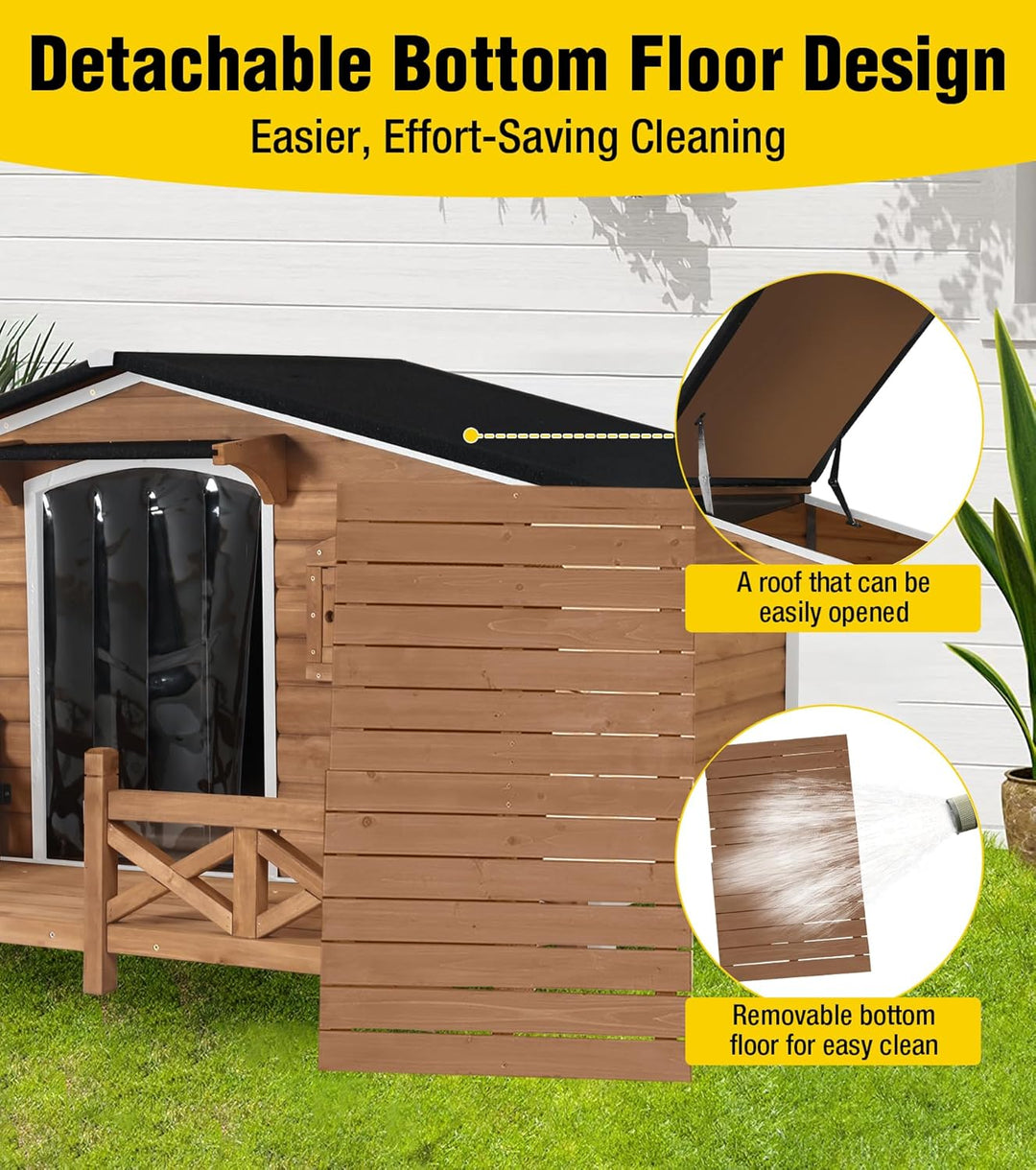 MEDEHOO AIR7024 Dog House Outdoor with Anti-Chewing Metal Frame, Wooden Dog Kennel with Sliding Window, Detachable Floor, Weatherproof Roof