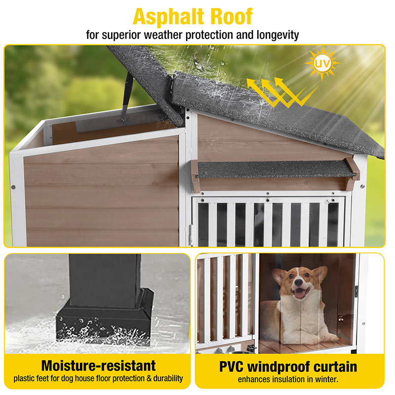 doggy Wooden Dog House with Metal Frame, Asphalt Roof & PVC Door Flap