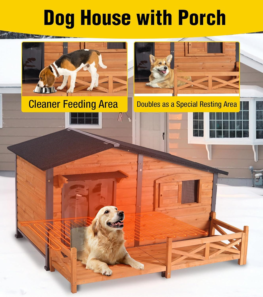 MEDEHOO AIR7024-IN-HP Heated Dog House Outdoor Dog Kennel with Safe Heated Pad, Chew-Proof Metal Frame and Rotating Food Bowl for Small to Medium Dogs, 44.6" L x 41.1" W x 32.9“H