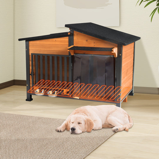 MEDEHOO AIR7021-HP Heated Dog House with Heating Pad & Anti-Chewing Metal Frame, Insulated Wooden Dog Kennel with Unique Design Roof, Weatherproof Dog House for Indoor & Outdoor Use