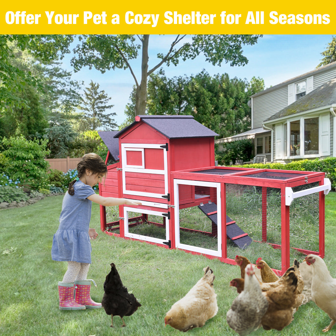 MORGETE Mobile Chicken Coop with Wheels, Wood Hen House for 2-3 Chickens Outdoor with Nesting Box Leakproof Pull-Out Tray and UV-Resistant Roof Panel, Red