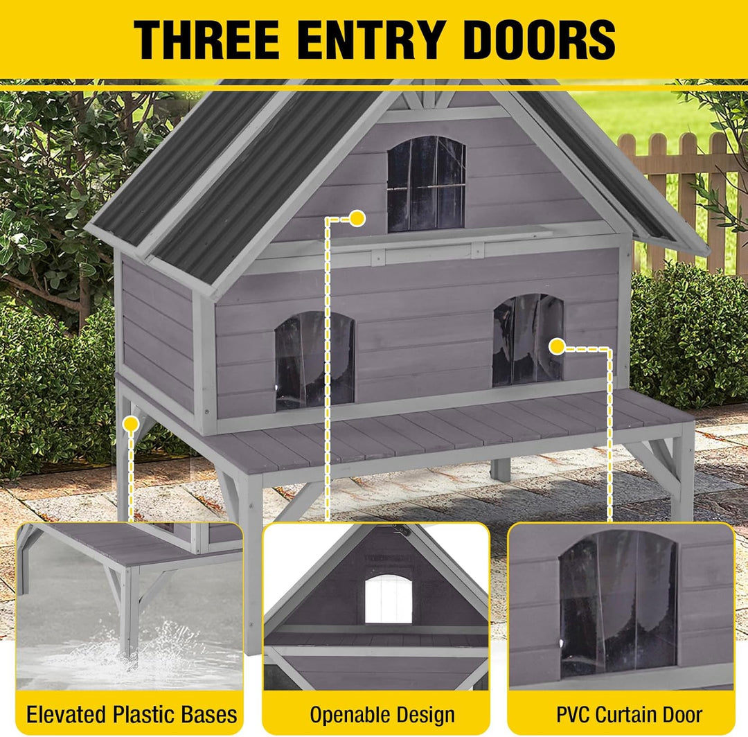 MEDEHOO AIR7034 Large Outdoor Cat House Weatherproof 2-Story Wooden Feral Cat Shelter Cat Condo for Winter with Waterproof Roof, Large Porch Balcony, Escape Doors