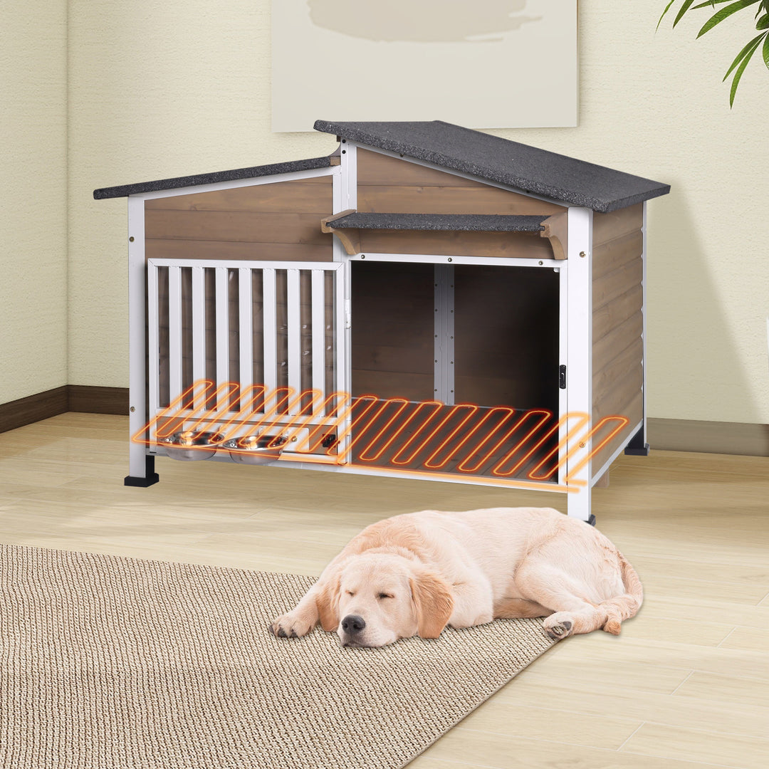 MEDEHOO AIR7021-HP Heated Dog House with Heating Pad & Anti-Chewing Metal Frame, Insulated Wooden Dog Kennel with Unique Design Roof, Weatherproof Dog House for Indoor & Outdoor Use