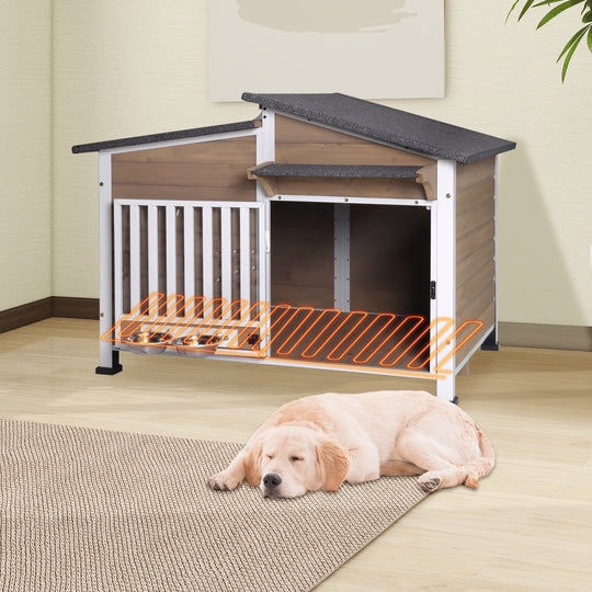 MEDEHOO AIR7021-HP Heated Dog House with Heating Pad & Anti-Chewing Metal Frame, Insulated Wooden Dog Kennel with Unique Design Roof, Weatherproof Dog House for Indoor & Outdoor Use
