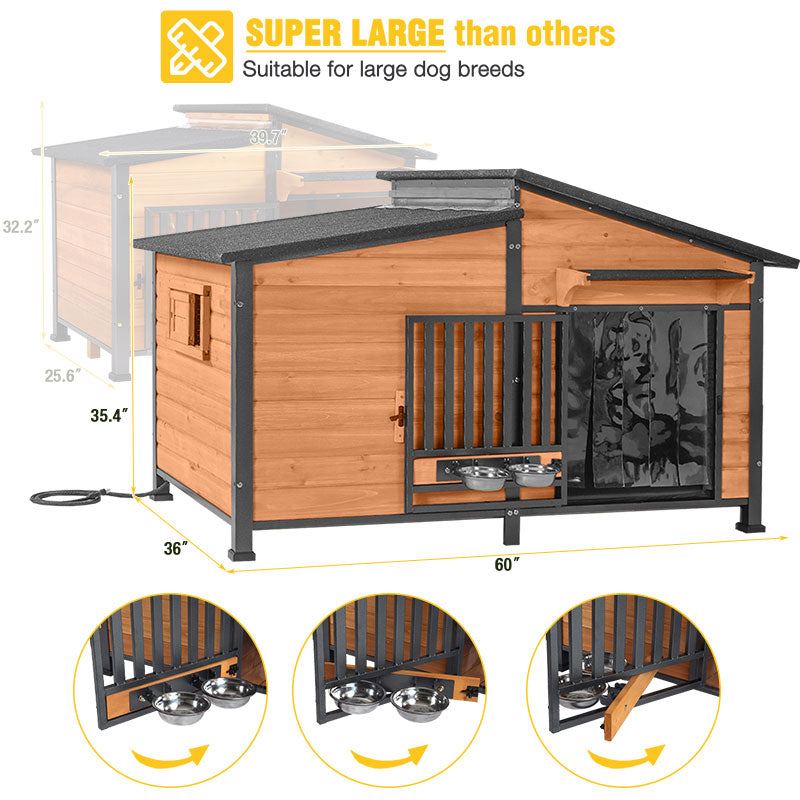 Aivituvin Heated Wooden Dog House AIR7021-IN-HP, 39.7"L/60"L Insulated Liner, Metal Frame