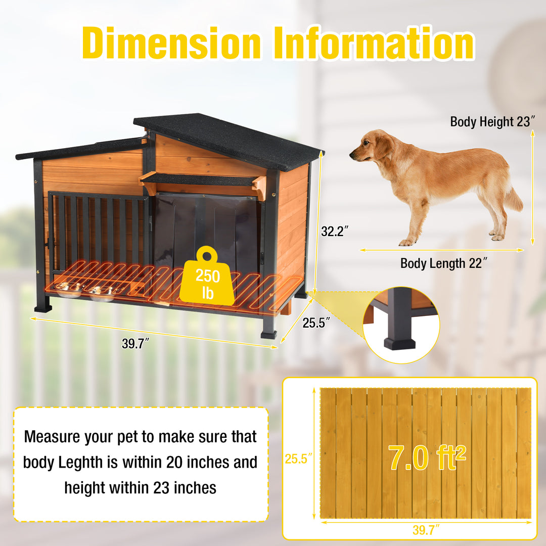 MEDEHOO AIR7021-HP Heated Dog House with Heating Pad & Anti-Chewing Metal Frame, Insulated Wooden Dog Kennel with Unique Design Roof, Weatherproof Dog House for Indoor & Outdoor Use