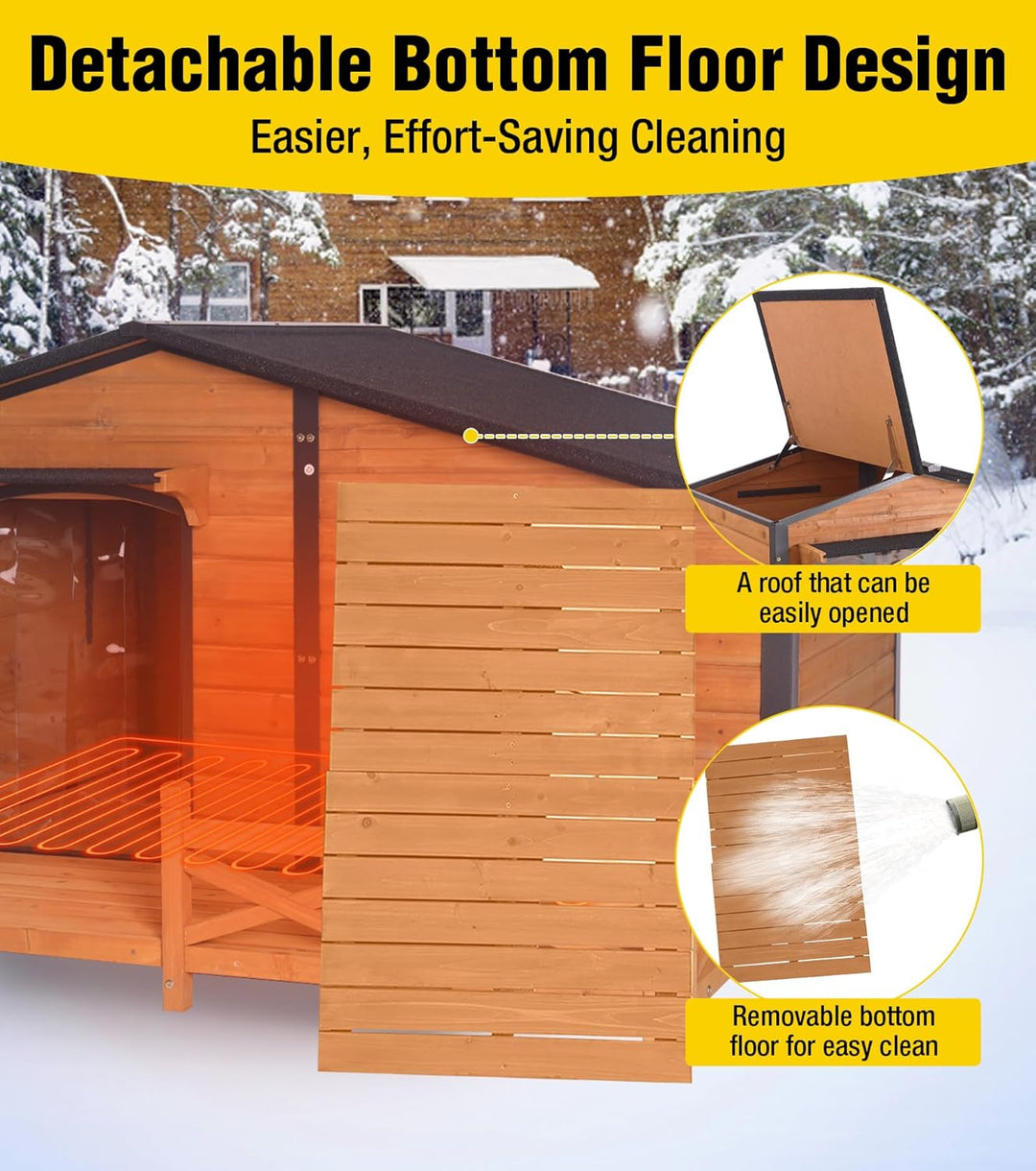 MEDEHOO AIR7024-IN-HP Heated Dog House Outdoor Dog Kennel with Safe Heated Pad, Chew-Proof Metal Frame and Rotating Food Bowl for Small to Medium Dogs, 44.6" L x 41.1" W x 32.9“H