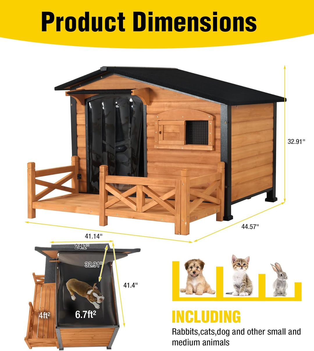 MEDEHOO AIR7024 Dog House Outdoor with Anti-Chewing Metal Frame, Wooden Dog Kennel with Sliding Window, Detachable Floor, Weatherproof Roof