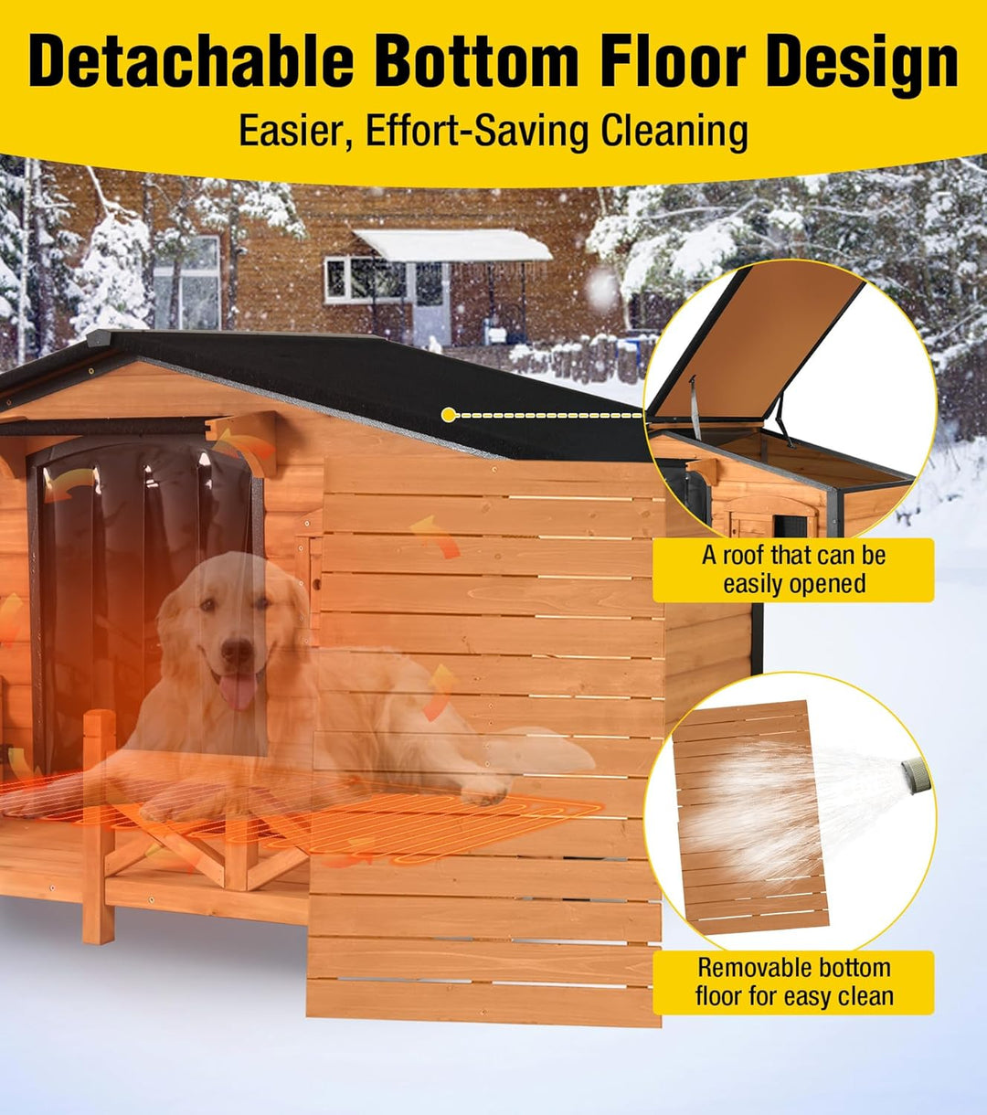 MEDEHOO AIR7024-IN-HP Heated Dog House Outdoor Dog Kennel with Safe Heated Pad, Chew-Proof Metal Frame and Rotating Food Bowl for Small to Medium Dogs, 44.6" L x 41.1" W x 32.9“H