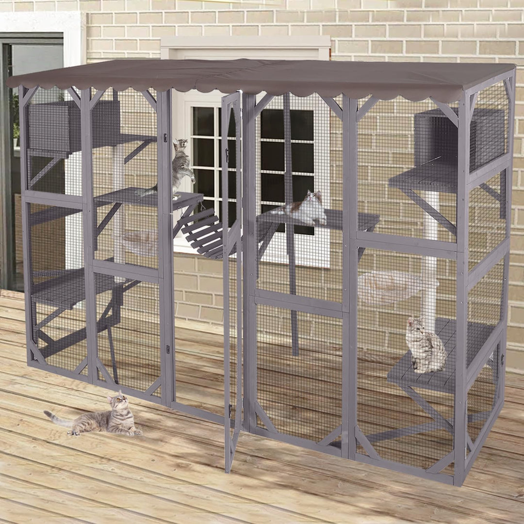MEDEHOO Catio Outdoor Cat Enclosure Window Large Cat Patio 3 Tiers with 6 Platforms and 2 Scratching Posts for Cats House 104" L