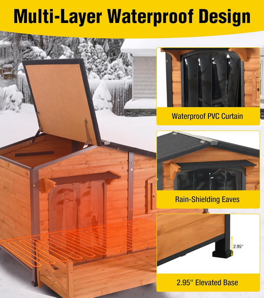 MEDEHOO AIR7024-IN-HP Heated Dog House Outdoor Dog Kennel with Safe Heated Pad, Chew-Proof Metal Frame and Rotating Food Bowl for Small to Medium Dogs, 44.6" L x 41.1" W x 32.9“H