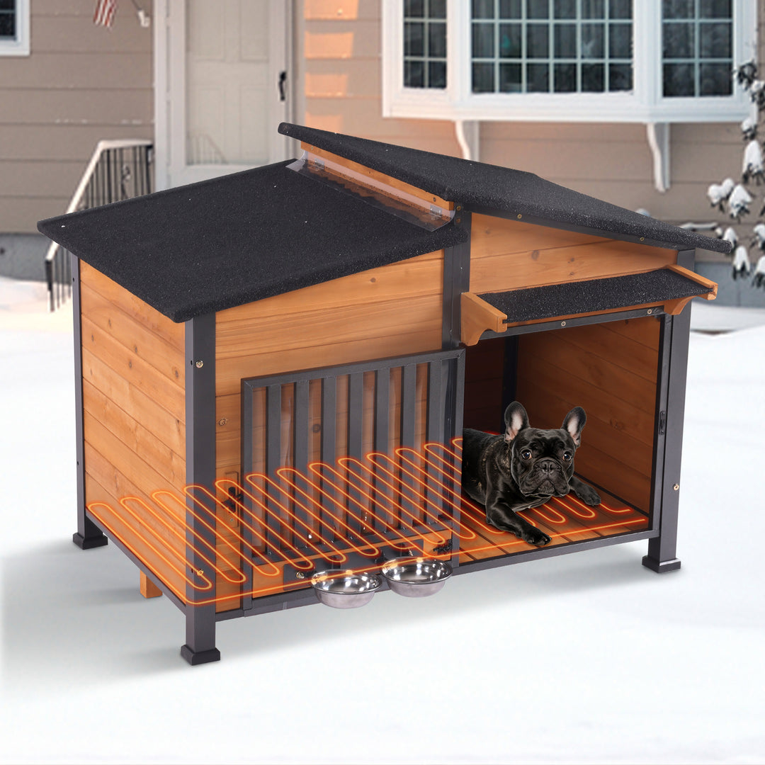 MEDEHOO AIR7021-HP Heated Dog House with Heating Pad & Anti-Chewing Metal Frame, Insulated Wooden Dog Kennel with Unique Design Roof, Weatherproof Dog House for Indoor & Outdoor Use