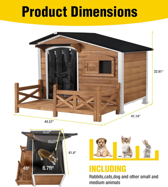 MEDEHOO AIR7024-IN-HP Heated Dog House Outdoor Dog Kennel with Safe Heated Pad, Chew-Proof Metal Frame and Rotating Food Bowl for Small to Medium Dogs, 44.6" L x 41.1" W x 32.9“H