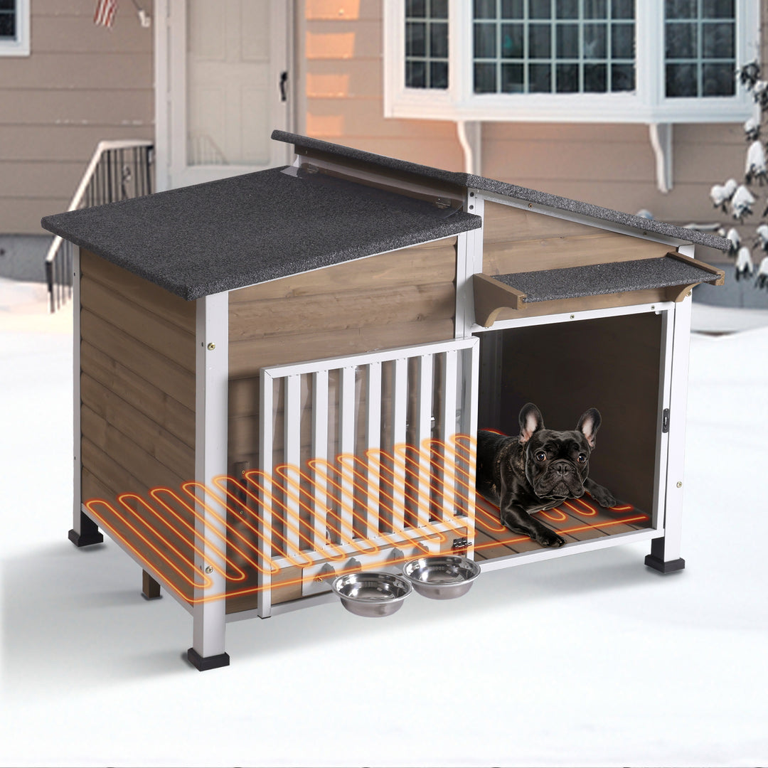 MEDEHOO AIR7021-HP Heated Dog House with Heating Pad & Anti-Chewing Metal Frame, Insulated Wooden Dog Kennel with Unique Design Roof, Weatherproof Dog House for Indoor & Outdoor Use