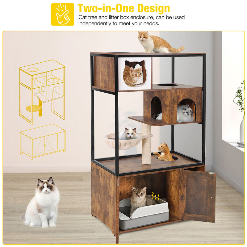Morgete Cat Litter Box Enclosure Litter Box Furniture Hidden Indoor Cat House with Condo Hammock