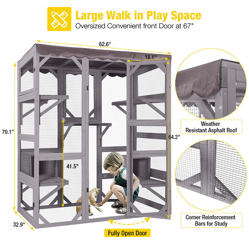 Morgete 70"H Catio Outdoor Cat Enclosure Large Cat House for Mulitiple Cats Walk in Cat Cage with Tarp Roof