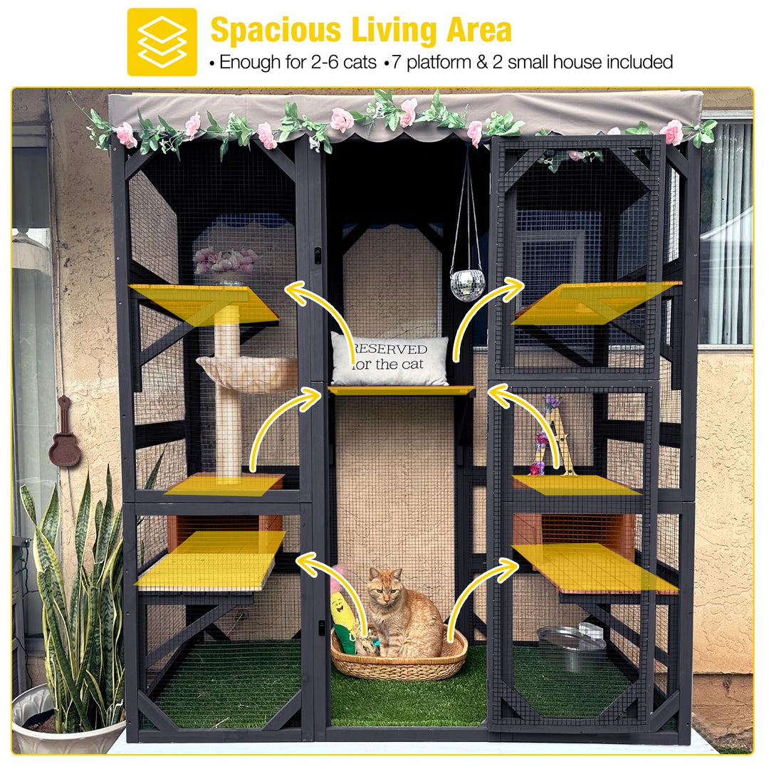MEDEHOO 70"H Catio Outdoor Cat Enclosure Large Cat House for Mulitiple Cats Walk in Cat Cage with Tarp Roof