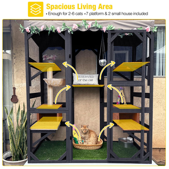 MEDEHOO 70"H Catio Outdoor Cat Enclosure Large Cat House for Mulitiple Cats Walk in Cat Cage with Tarp Roof
